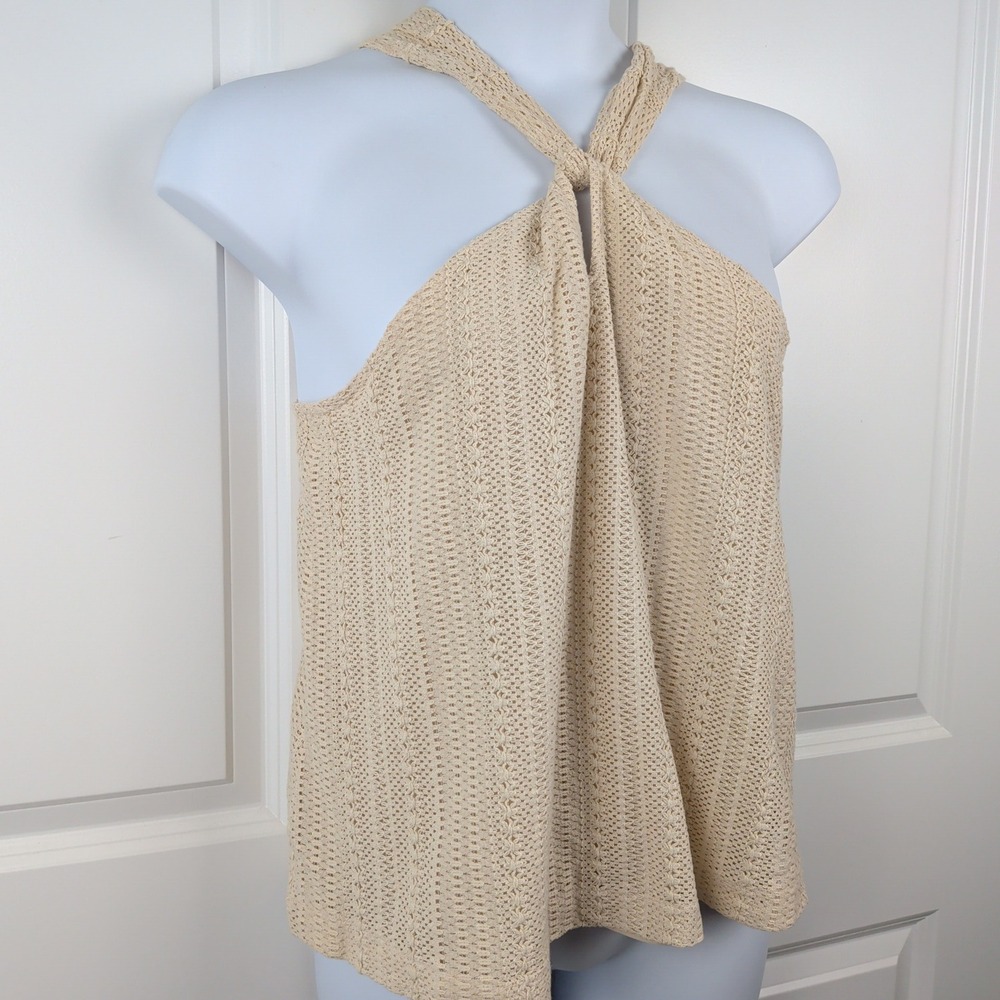 Beachy Coastal Cream Crochet Halter Neck Top Twisted Keyhole Size M